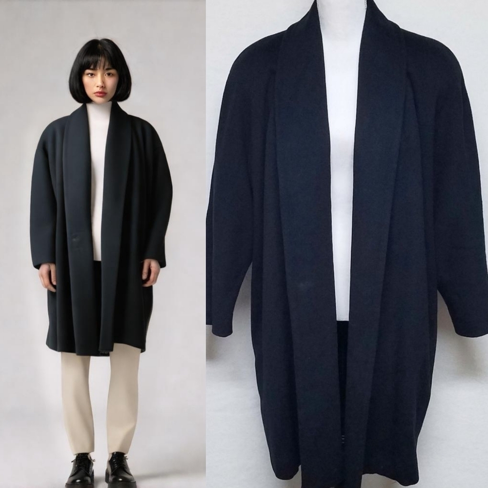 80s Vintage The Limited Black Wool Oversized Open Front Shawl Collar Trench Coat